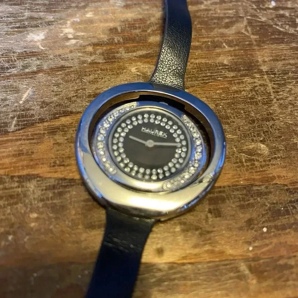 Haurex Italy Lady Watch Original Watch Not Working Silver Crystal Black Leather